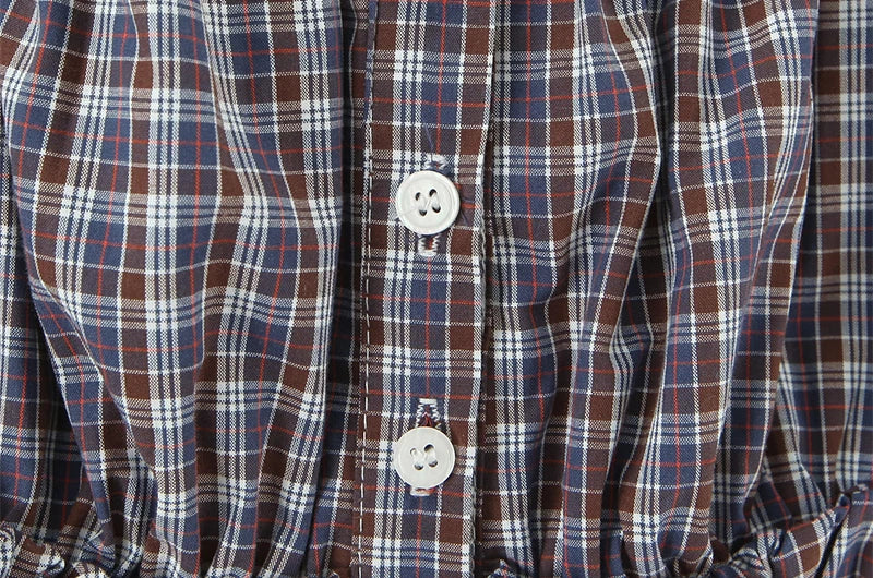 Sweet Plaid Chic Single Breasted Cropped Tops French Square Collar Puff Sleeve Blouse
