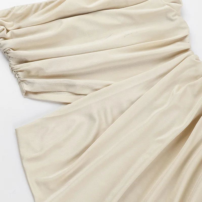 Hollow Out Shirred Strapless Maxi Dress Asymmetrical Backless Gown
