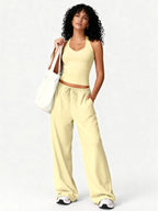 Two Piece Set With Sleek V Neck Tank Backless Detail And Wide Leg Pants