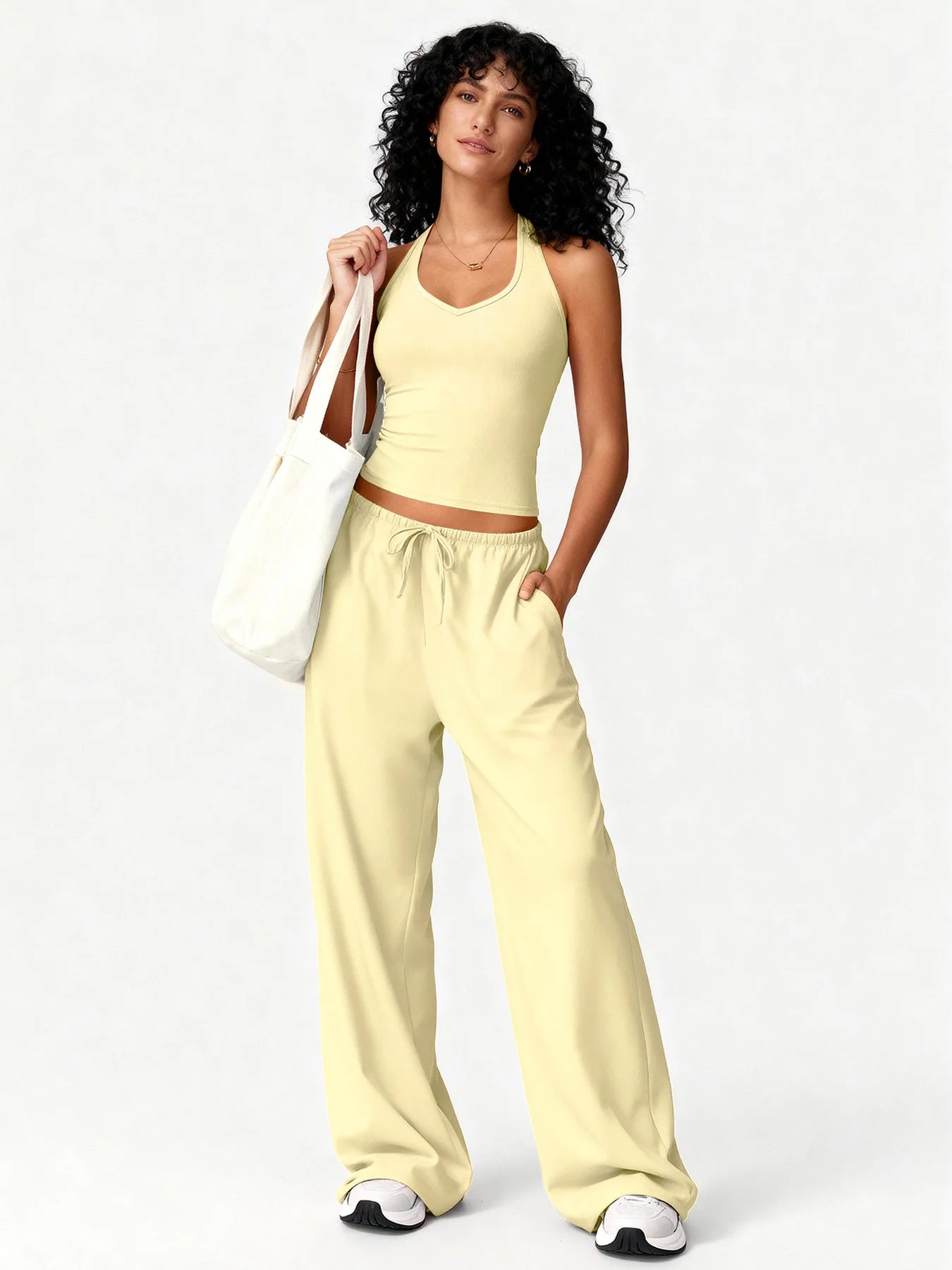 Two Piece Set With Sleek V Neck Tank Backless Detail And Wide Leg Pants