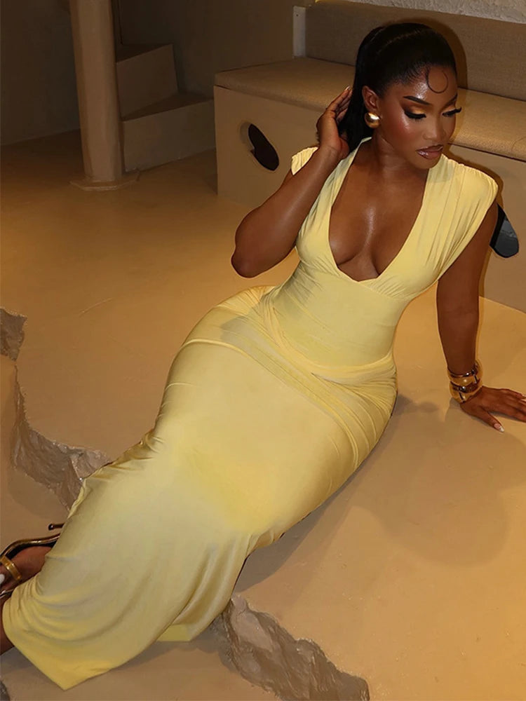 Sleeveless Ruched V Neck Bodycon Maxi Dress