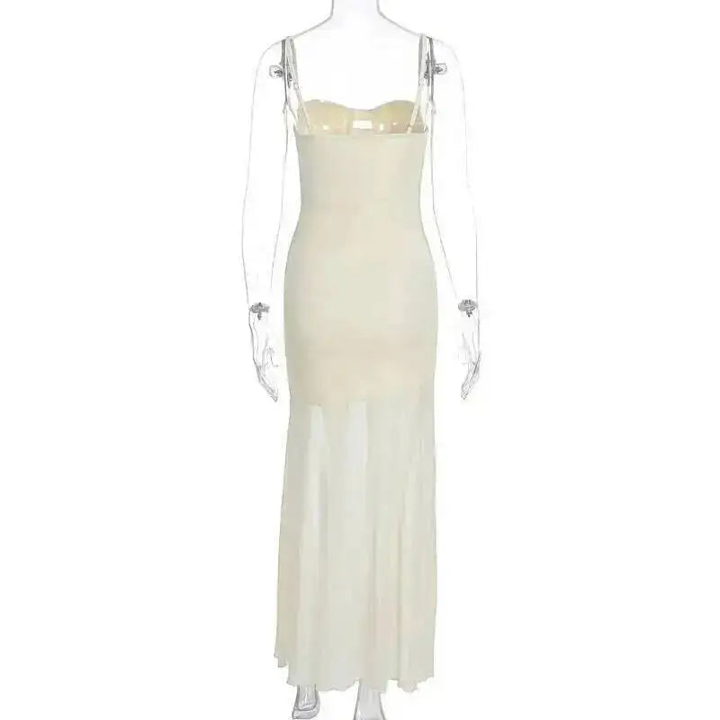 Backless Hollow Mesh Spaghetti Strap Gown Elegant Long Evening Dress