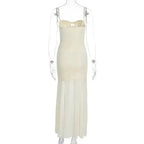 Backless Hollow Mesh Spaghetti Strap Gown Elegant Long Evening Dress