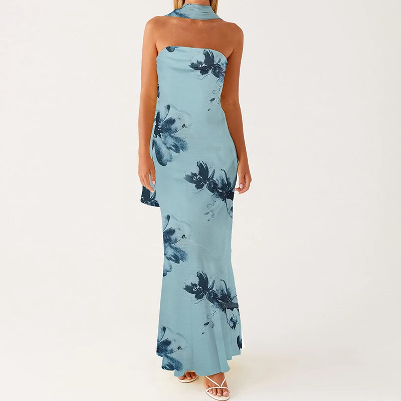 Floral Tube Maxi Dress With Scarf Strapless Backless Mesh Bodycon Sundress