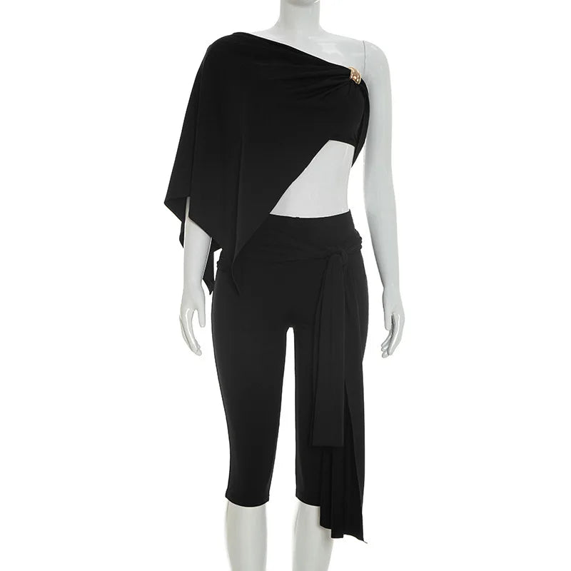Irregular One Shoulder Crop Top And Capri Pants Set