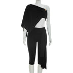 Irregular One Shoulder Crop Top And Capri Pants Set