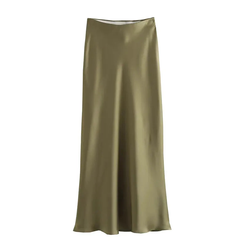 Satin High Waist Midi Skirt With Flair