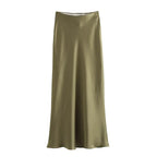 Satin High Waist Midi Skirt With Flair