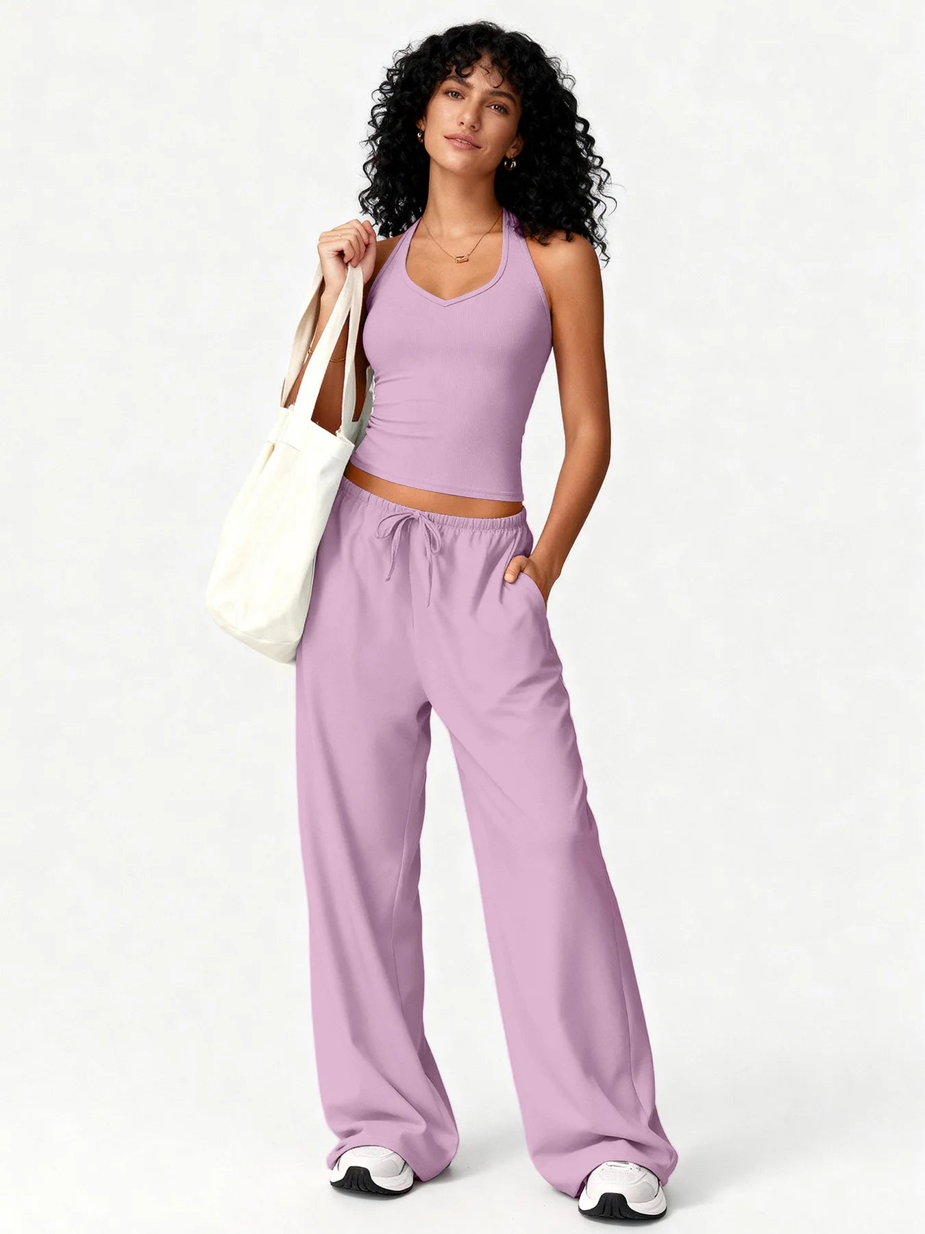Two Piece Set With Sleek V Neck Tank Backless Detail And Wide Leg Pants