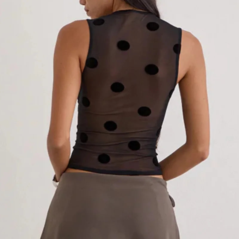Polka Dot Sheer Mesh Crop Top With Sequins For Women Flirty Tank Blouse Shimmering Lightweight