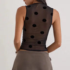 Polka Dot Sheer Mesh Crop Top With Sequins For Women Flirty Tank Blouse Shimmering Lightweight