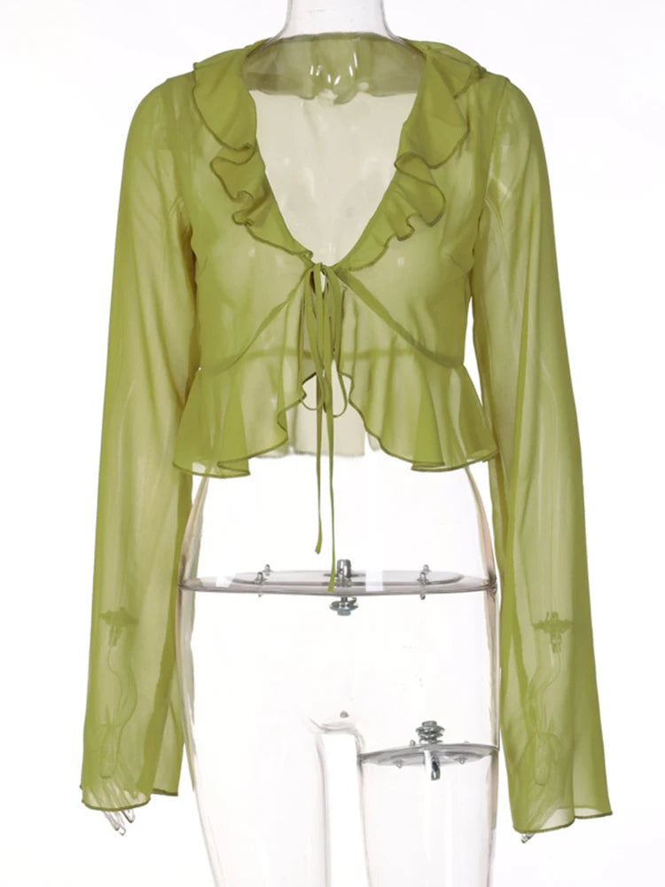 Chiffon Sheer Crop Tank Top With V Neck And Flare Sleeves