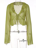 Chiffon Sheer Crop Tank Top With V Neck And Flare Sleeves