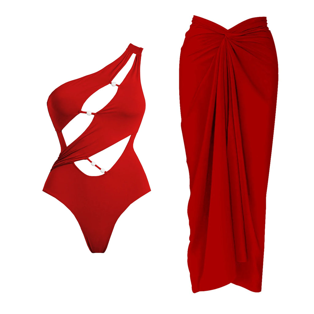 One Shoulder Push Up Two Piece Bikini Set With Bandeau Design