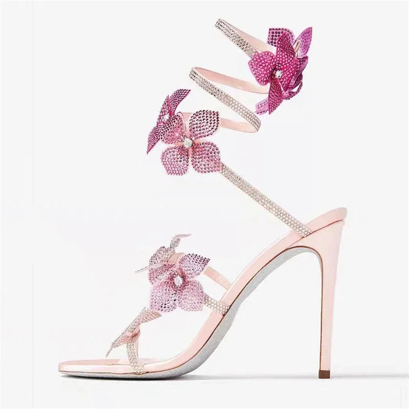 Crystal Flower High Heels With Ankle Strap Strappy Thin Sandals