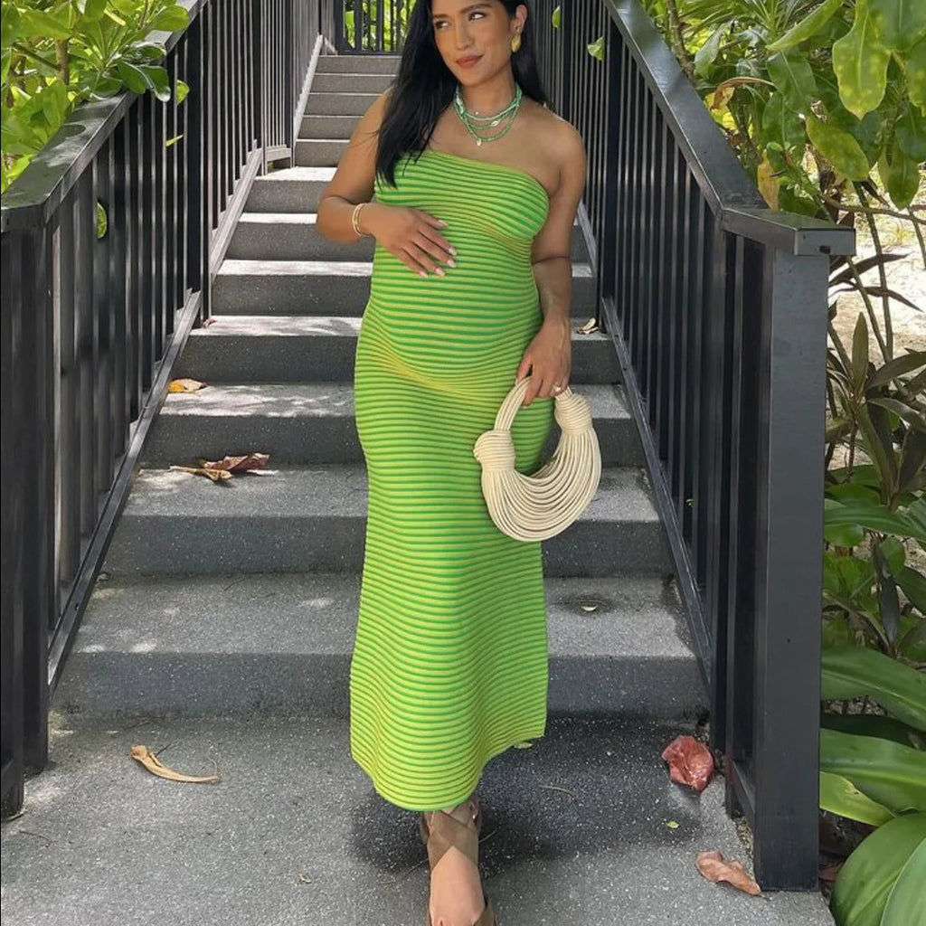 Striped Knitted Strapless Maxi Dress For Women With Backless Design