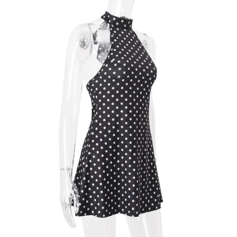 Elegant Off Shoulder Polka Dot Mini Dress Sleeveless Backless High Waist
