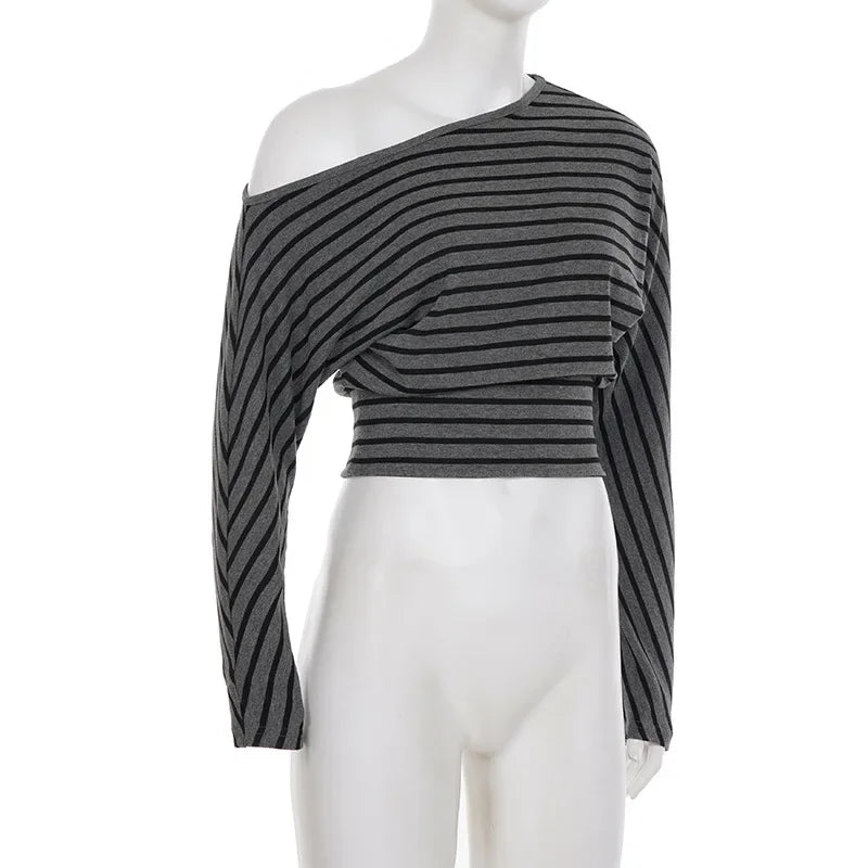 Striped Off Shoulder Crop Top Two Piece Set