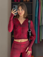 Two Piece Slim Fit Letter Print Hooded Zipper Jacket And Pants Set Open Thread Design