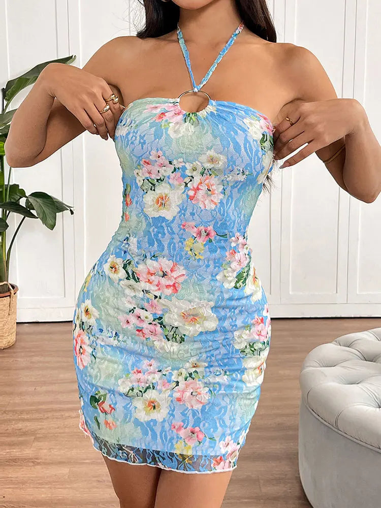 Summer Halter Neck Backless Lace Dress With Hollow Out Print