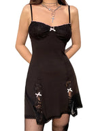 Gothic Kawaii Lace Trim Sleeveless V Neck Mini Dress With Bow Accent