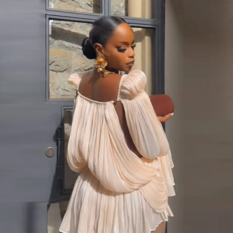 Satin Off Shoulder Pleated Mini Dress With Puff Sleeves And Cinched Waist
