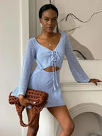 Knit Cutout Swim Cover Dress With V Neck And Lace Up Details Bell Sleeve
