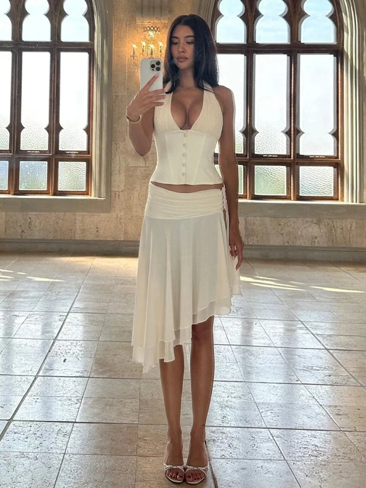 Sexy Sleeveless Mesh Halter Set With Ruffles Skirt