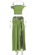 Gold Brooch Top And Maxi Skirt Set With Ruched Detail And High Slit