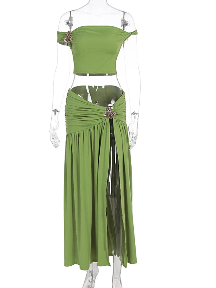 Gold Brooch Top And Maxi Skirt Set With Ruched Detail And High Slit