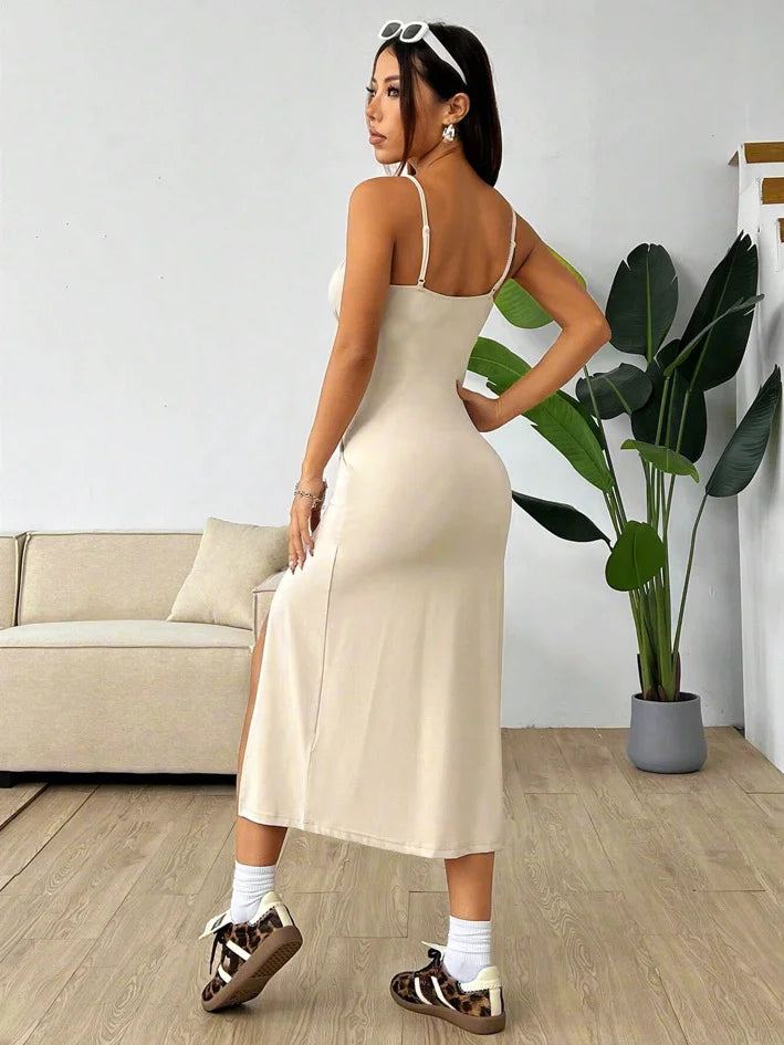 Chic Slit Cami Maxi Dress With Subtle Stretch For Everyday Wear