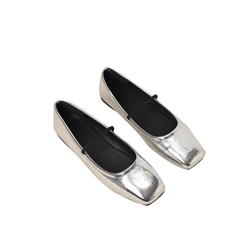 Metallic Square-Toe Mary Janes Slip-On Flats