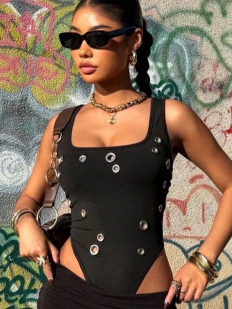 Punk Metal Ring Hollow Out High Leg Leotard Women Stretchy Layering Camisole