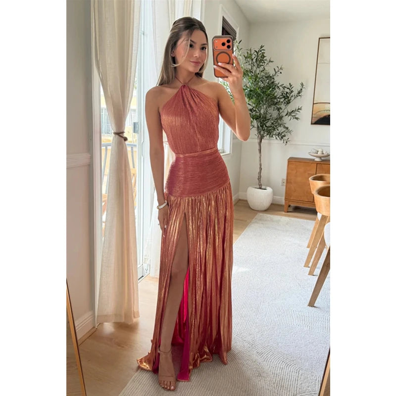 Off Shoulder Corset Halter Evening Gown With Slit