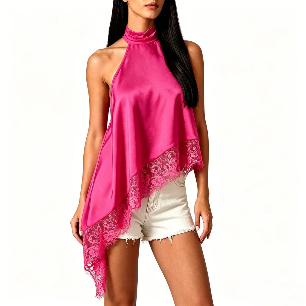 Halter Lace Trim Sleeveless Loose Fit Irregular Hem Shirt
