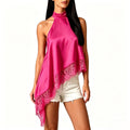 Halter Lace Trim Sleeveless Loose Fit Irregular Hem Shirt
