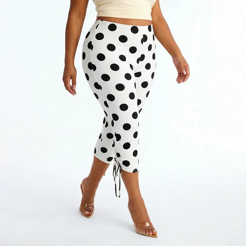 Polka Dot Patchwork Capri Pants With Drawstring Waist