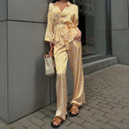Printed Blouse And Pants Set With Long Sleeves And Lace Up Shirt