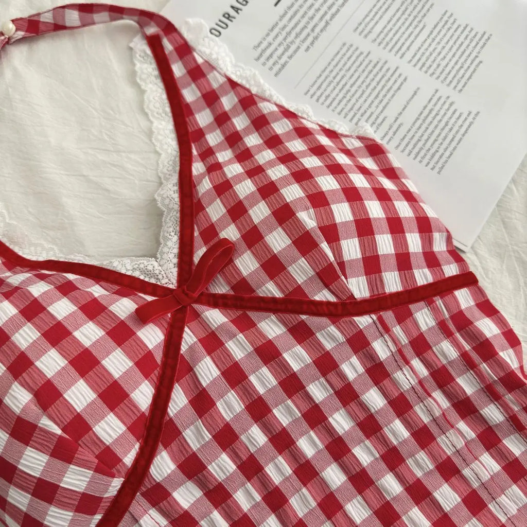 Halter Neck Bow Plaid Crop Top With Shirred Back For Women Cute Fashion Blouse