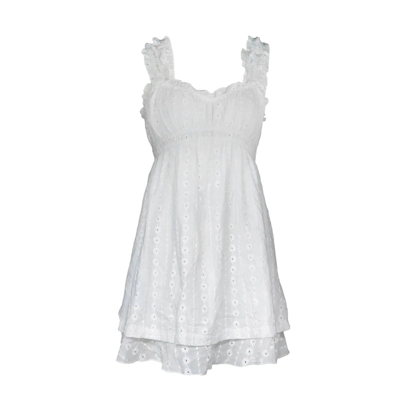 Backless Babydoll Dress With Jacquard Eyelet Lace Square Neck Frill Bust High Waist A Line Sundress