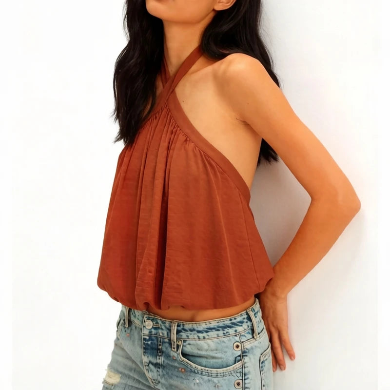 Cross Button Halter Top With Backless Design And Puffball Hem