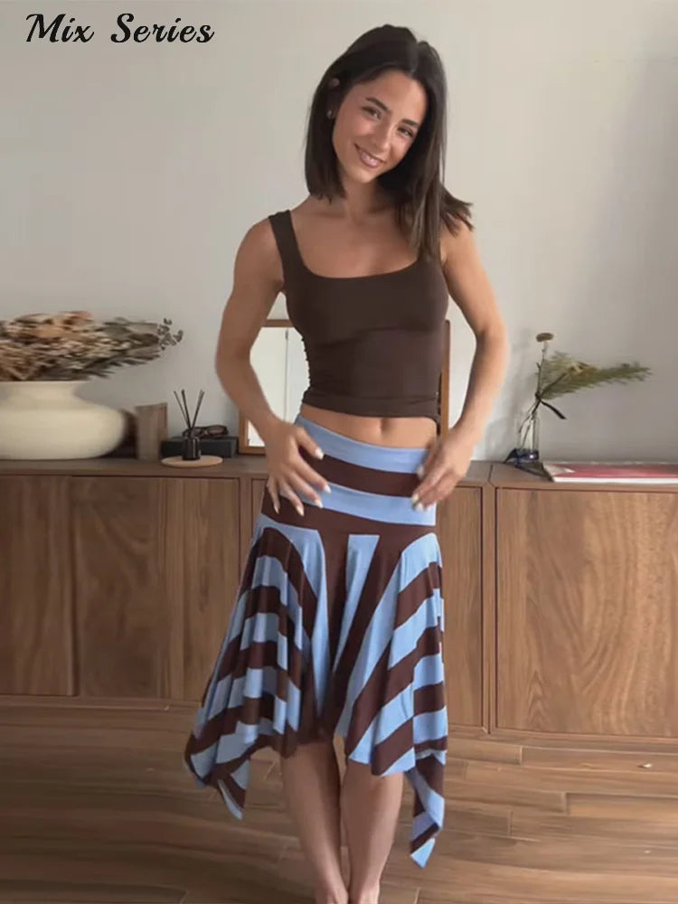 Striped Midi Skirt With Asymmetric Pleated Hem For Women Casual Style Flattering Low Rise
