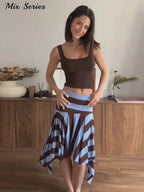 Striped Midi Skirt With Asymmetric Pleated Hem For Women Casual Style Flattering Low Rise