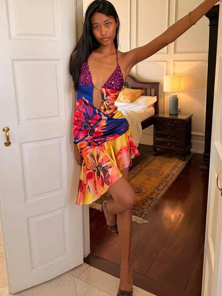 Vibrant Patchwork Sequin Halter Dress With Colorful Flower Print And Irregular Hem