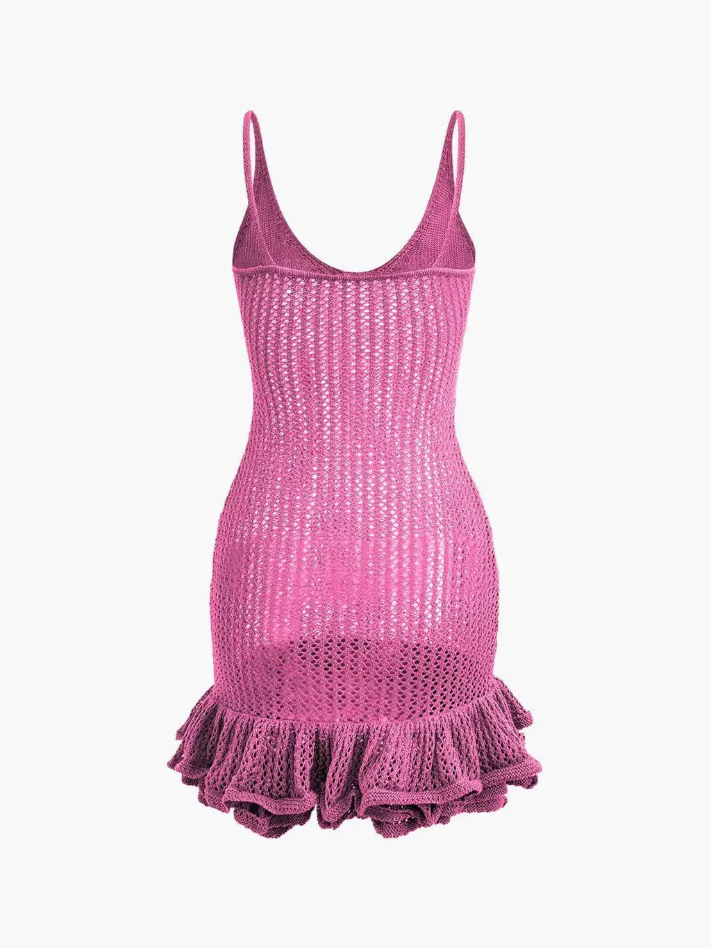 Open Knit Crochet Cami Mini Dress With Ruffle Hem