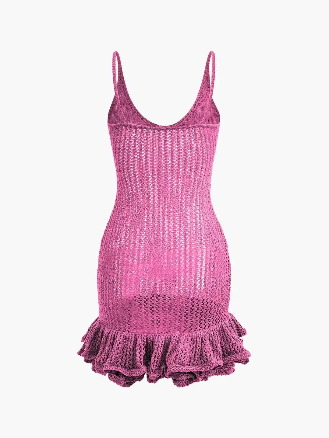 Open Knit Crochet Cami Mini Dress With Ruffle Hem