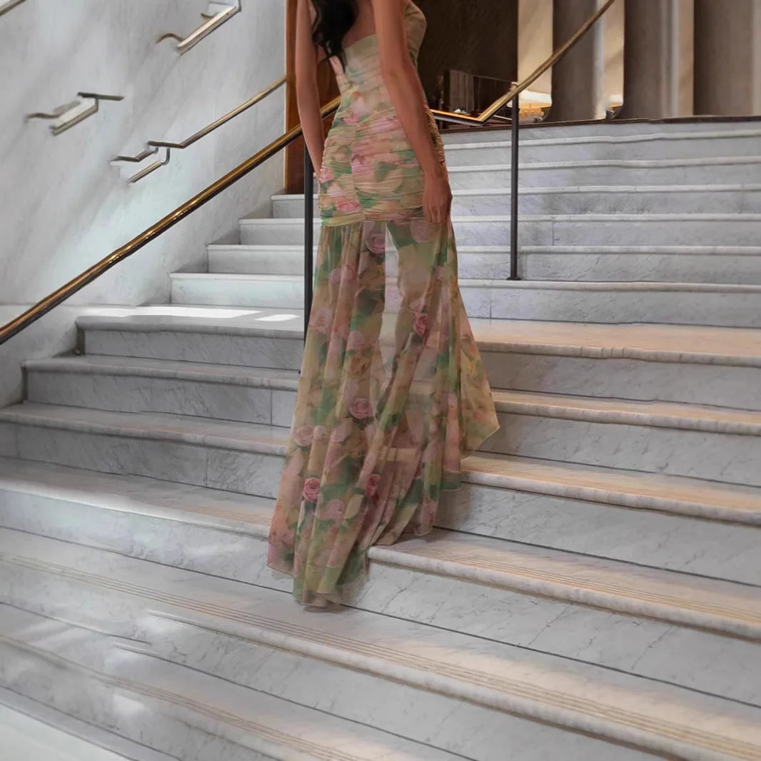 Elegant Floral Spaghetti Strap Maxi Dress With Backless High Split Ruched Silhouette