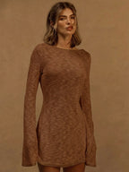 A Line Knit Mini Dress With Slash Neck And Bell Sleeves
