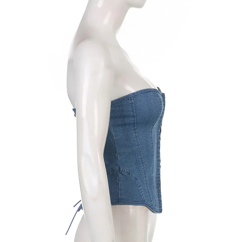 Off Shoulder Denim Corset Tank Top With Lace Up Back Hollow Detail Slim Bustier Camisole