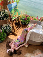 Pink Tie Dye Spaghetti Strap Maxi Dress For Beach Vacation Pleated Sleeveless Elegant Bodycon
